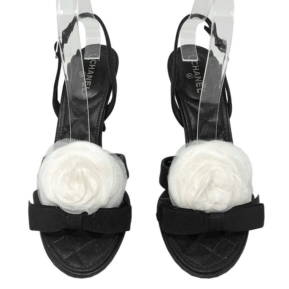 Chanel Camellia Bow Grosgrain Slingback Heels Black/White EU 38 85mm - Picture 1 of 8